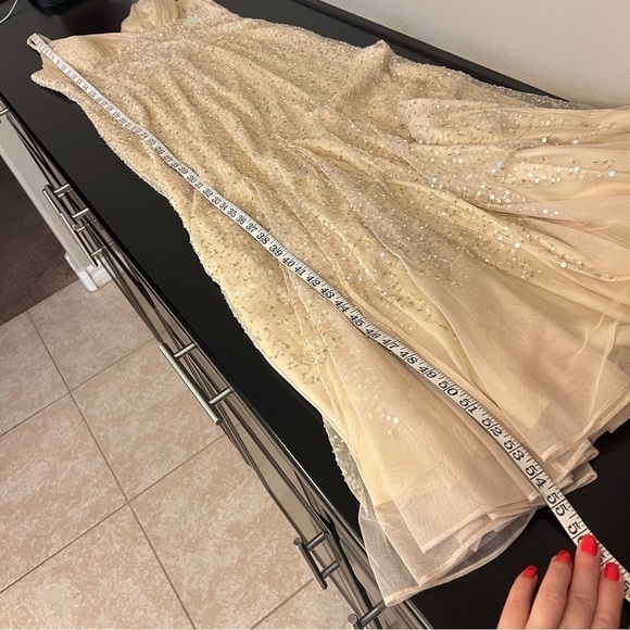 Teri Jon by Rickie Freeman heavily sequinned mermaid style gown, honey beige, 6 - Picture 8 of 16